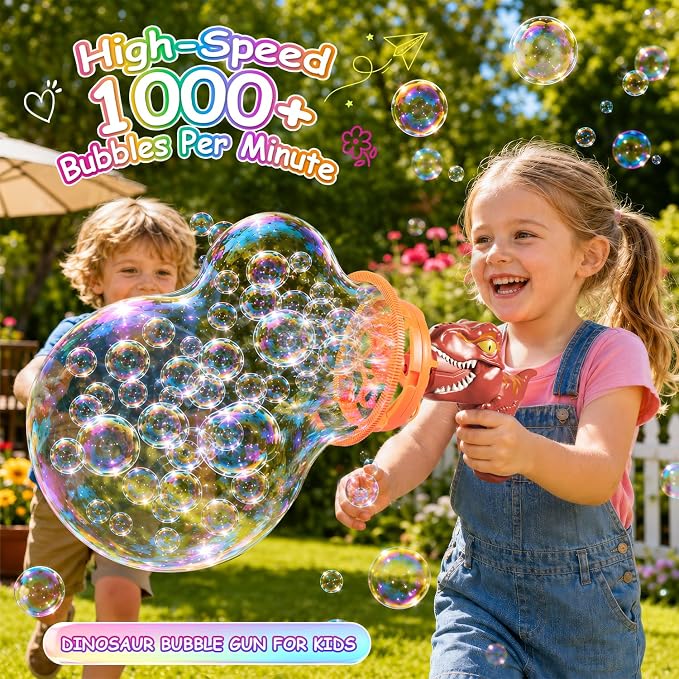 Dinosaur Shaped Bubble Gun for Kids - Blows Over 1000 Bubbles per Minute & Creates Giant Bubbles, Birthday, Christmas & Easter Gift for Boys & Girls Ages 3-9 (Red)