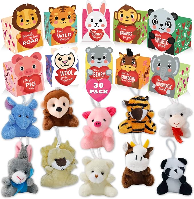 ATFUNSHOP Easter Basket Stuffers 30 Pack Animal Plush Toys with Gift Boxes | Valentines Day Gifts for Kids, Gift Card & Toys Fillers in Bulk Exchange for Girls Boys Class Classroom School