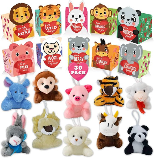 ATFUNSHOP Easter Basket Stuffers 30 Pack Animal Plush Toys with Gift Boxes | Valentines Day Gifts for Kids, Gift Card & Toys Fillers in Bulk Exchange for Girls Boys Class Classroom School