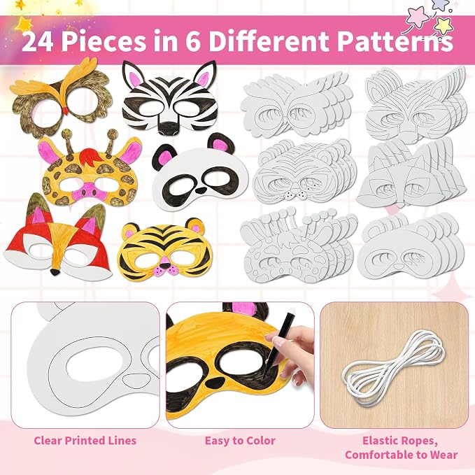 24 PCS Color Your Own Paper Masks, DIY Masks Craft Art Kits for Kids, Birthday Party Favors, School Coloring Activities