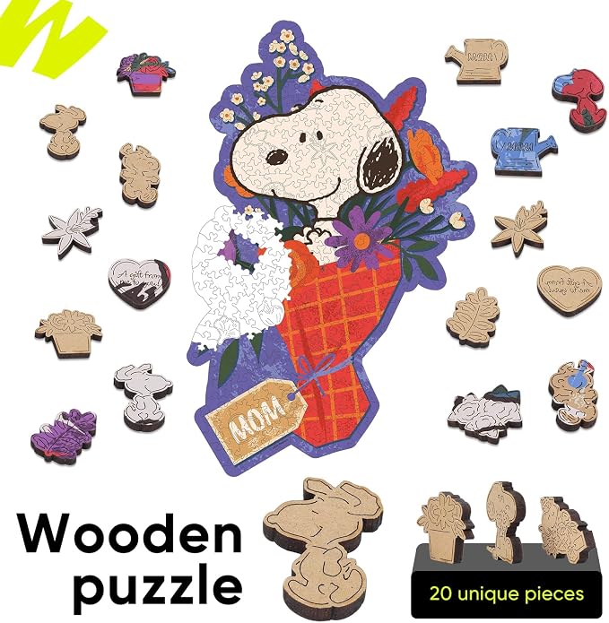 Peanuts Puzzles for Adults – Wooden Puzzles Gifts for Mom Grandmother Daughter, 300 Pieces Unique Shaped Jigsaw Puzzles, 5MM Thick, Officially Licensed Merchandise – Mom Bouquet, 17.7" x 11.5"