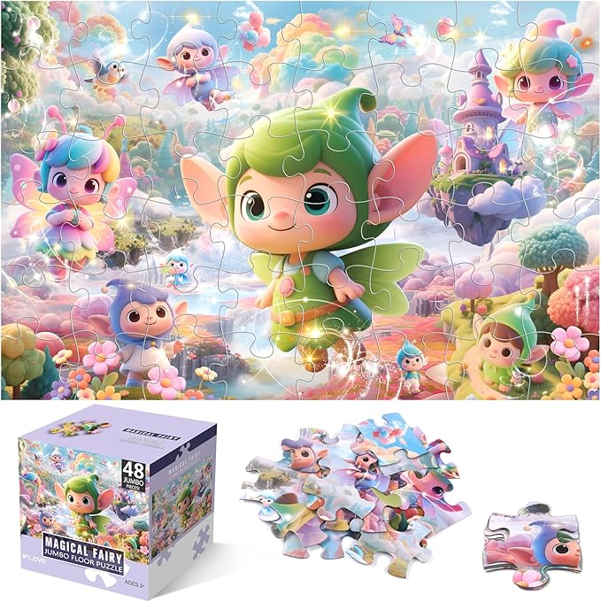 IFLOVE Fairy Floor Puzzle for Kids — 48 Piece Jumbo Jigsaw Puzzle, Magical Fairy Tale Puzzle with Flowers Butterflies, Educational Toy Birthday for Girls Boys Ages 3-8