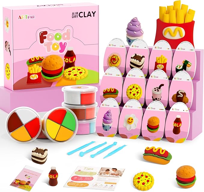 ARTPAR Air Dry Clay Kit for Kids,12 Box Mini Food Modeling Magic Clay Sculpting Set,Safe Non-Sticky,Ultra Light & Soft,Arts & Crafts Fun Playset Kitchen Toys,Home Party Favors for Boys Girls 3+ Years
