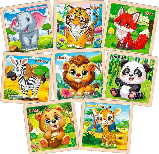 Wooden Animals Puzzles for Toddlers, 8 Pack 9 PCS Jigsaw Puzzles for Kids, Wooden Puzzles for Toddlers 3-5, Animal Puzzles for Kids 3-5, Preschool Puzzles Learning Educational Sets Toys