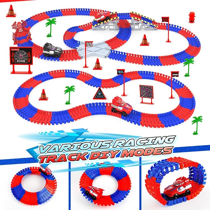 Spider Race Track Toys for Kids, Monster Truck Gifts for Ages 3 4 5 6 7 8 with 2 Cool Spider Cars and Flexible Train Tracks, Toddler Train Set for Boys Girls's Christmas Birthday Presents (250Pcs)