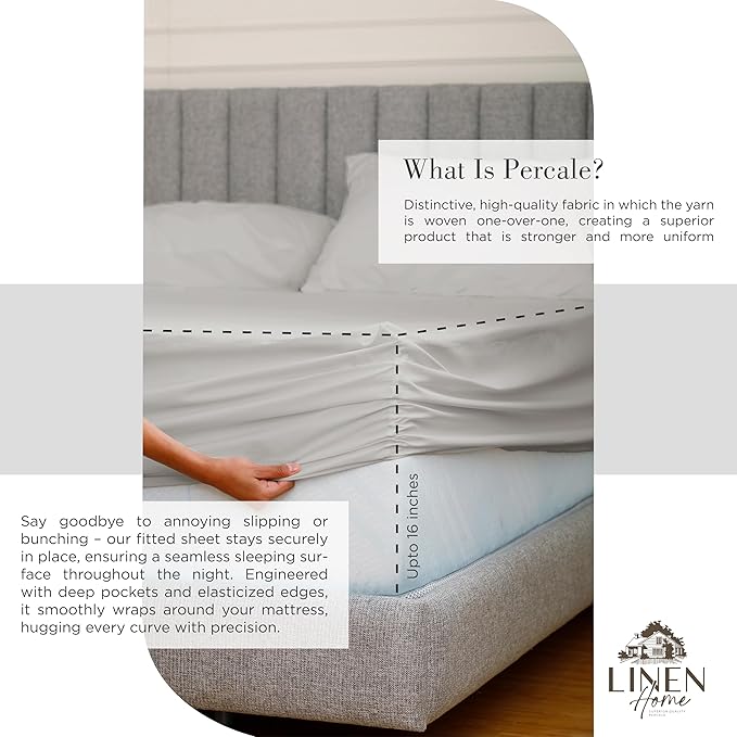 Linen Home 2-Pack Queen Sheet Set, 100% Cotton Percale Bedding, 8-Piece Value Bundle, Deep Pocket Cooling Bed Sheets for Hot Sleepers, Breathable & Crisp Hotel Quality, Long-Staple Cotton, Silver