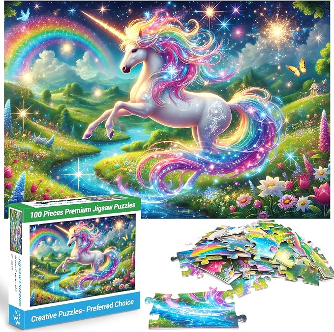 100 Piece Puzzles Rainbow Unicorn Puzzle for Kids Ages 6-8 8-10, 100 Piece Jigsaw Puzzle for Adults Toddler Children Learning Educational Puzzles Toys Birthday Gifts for Girls Boys