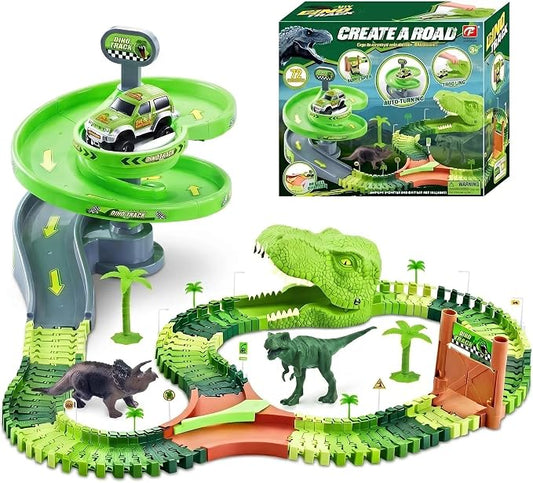 Dinosaur Race Track Toys for Boys 3-5, Spiral Car Track Set with Dinosaur Adventure Scene, Flexible Race Track Playset for Boys Age 4-7 Birthday Gifts