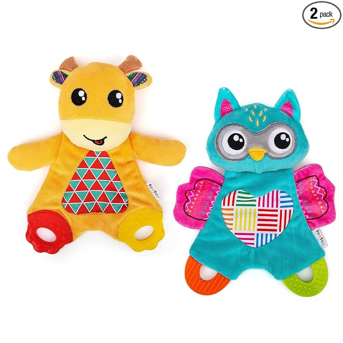 teytoy 2 Pcs Crinkle Toys for Baby with Teether, Baby Teething Sensory Toys Newborn Bib Saliva Soother Towel, Soft Snuggle Sleeping Security Blanket for Unisex Babies 0-36 Months Gifts(Owl and Deer)