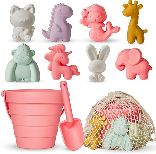 MarcZero 11Pcs Silicone Beach Toys,Collapsible Sand Bucket,Modern Baby Beach Toys,Travel Friendly Beach Set,Silicone Bucket,Shovel,Sand Molds,Beach Bag,Silicone Sand Toys for Toddlers,Kids(Peach Pink)