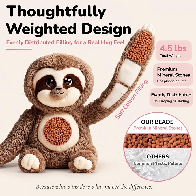 Huggle Healers Weighted Stuffed Animals for Adults, Teens and Kids - 36 Inch Long Plush Arms for Hugs - 4.5lb Sloth Stuffed Animal Plushies - Kigi Sloth