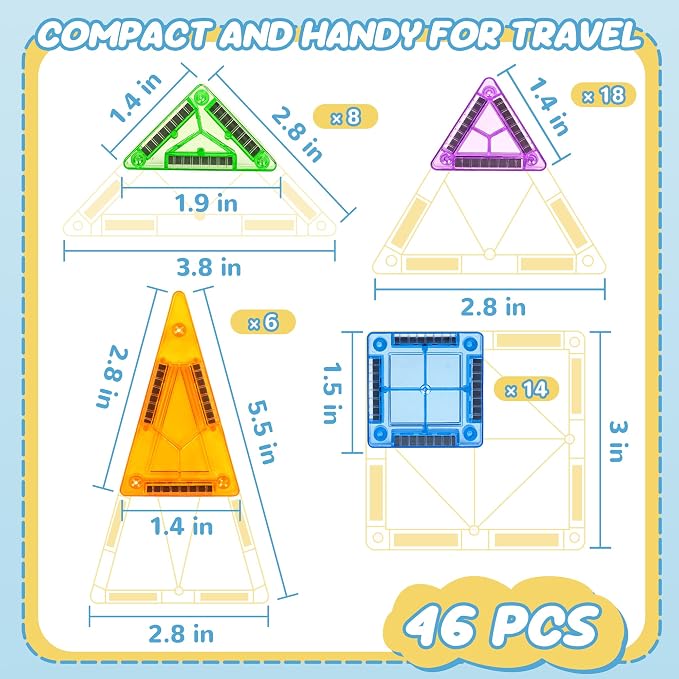 cossy Mini Magnetic Tiles, 46 PCS Magnet Tiles Travel Toys with Iron Box, Travel Magnetic Tiles for Restaurant, Car & Plane Play, Toys for 3 4 5 6 7 8 Year Old Boy and Girl
