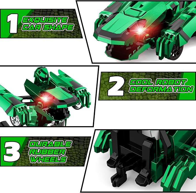 Kroyedfuw Dinosaur Transform Rc Cars, 2.4Ghz Remote Control Car Transforming Robot with Flashing Light, 360° Rotation One Button Deformation Car Toy Gifts for Boys Age 4-7 8-12