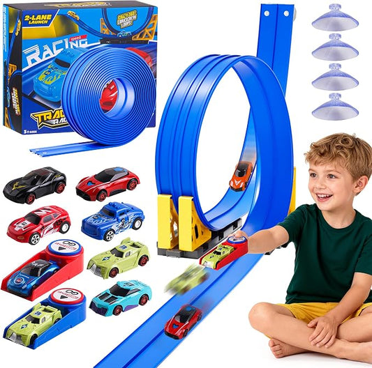 16-Ft Flexible Race Track Set for Kids, DIY Roll-Up Racetrack with 2 Launchers & 6 Mini Cars, Suction-Cup Portable Track Compatible with 1:64 Die-Cast Cars, Indoor & Outdoor Gift for Boys Girls 3+