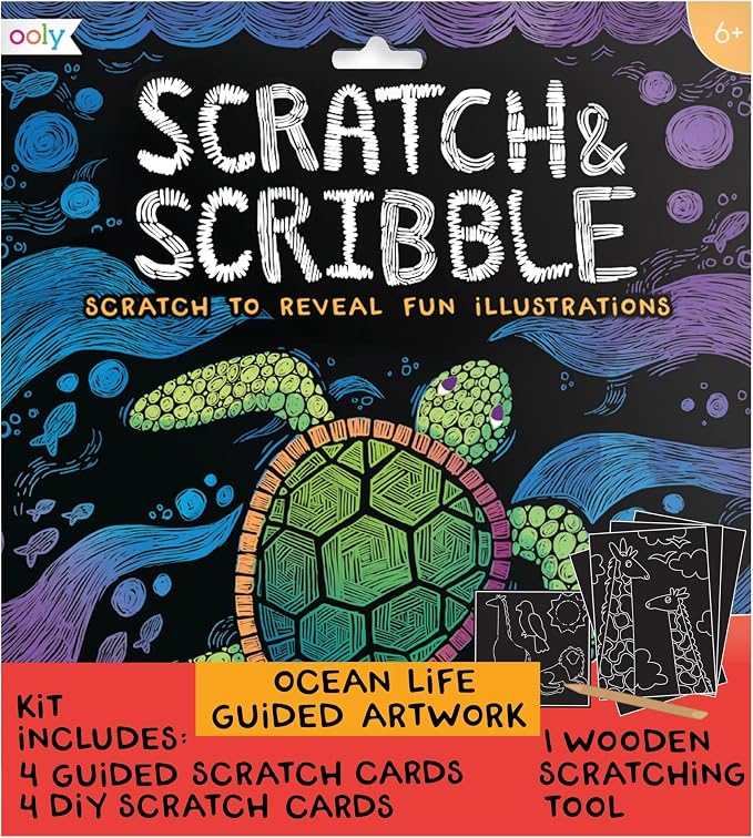 Ooly Scratch & Scribble Travel Crafts for Kids – 1pc Art Kit, Portable Car & Airplane Activity, 8 Scratch Cards + Wooden Stylus + Stickers, Ages 6+ – Ocean Life