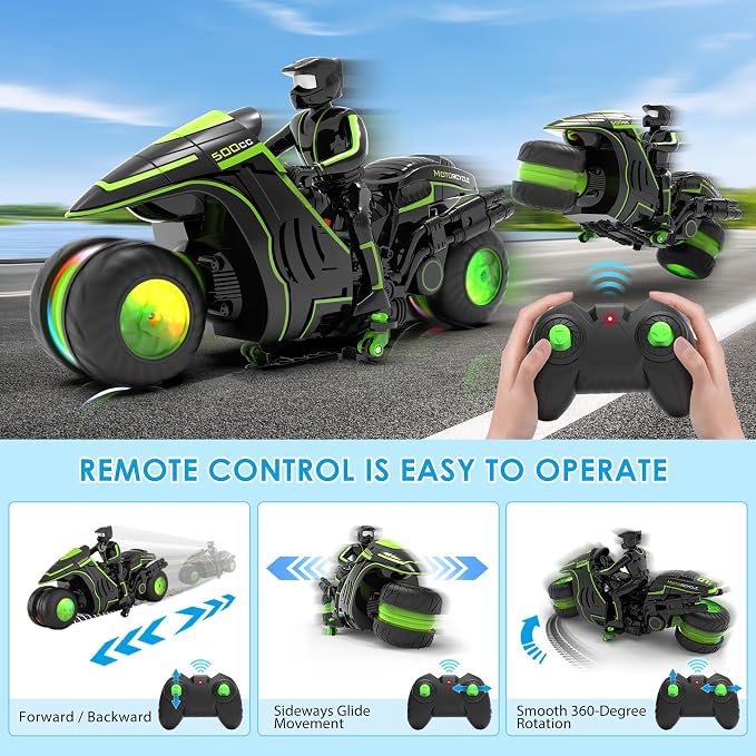 Remote Control Motorcycle, 2026 New Edition with RGB Color-Changing Wheels and Exclusive Sideways Glide, Ready-to-Play with 2 Batteries, 2.4GHz RC Stunt Bike Gift for Kids Boys Girls 5-12