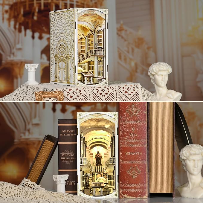 MiniCity DIY Book Nook Kit for Adults, 3D Wooden Puzzle Bookend Bookshelf Insert Decor with LED Light and Dust Cover (Library of Gods)