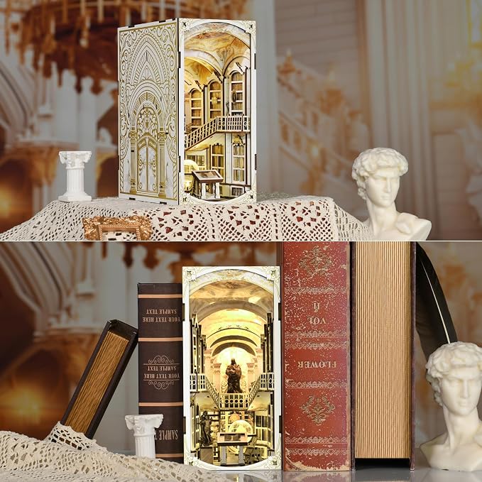 CCCDF Book Nook Kit, DIY Miniature Dollhouse Booknook Kit, 3D Wooden Puzzle Bookend Bookshelf Insert Decor with LED Light for Teens and Adults (Library of Gods)