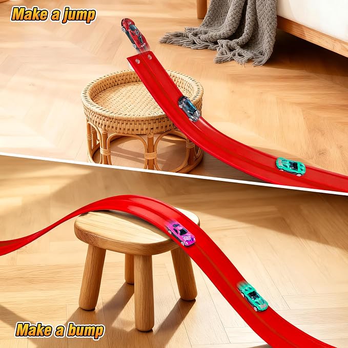 15Ft Flexible Race Car Track for Kids with Suction Cups Compatible with Diecast 1/64th Cars for Ages 3 & Up Blue Gray Orange Red Classic Long Rolls Up Portable Racetrack (Red)