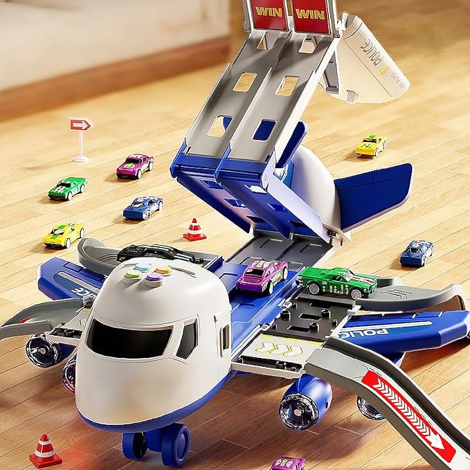 Airplane Toy Race Track Kids Toys, Foldable 4 Layer Toddler Car Track Playset, Toy Plane Transport Car Carrier & 6 Race Cars, Toddlers Toys Birthday Xmas Gifts for Age 3 4 5 6+ Years Old Boys Girls