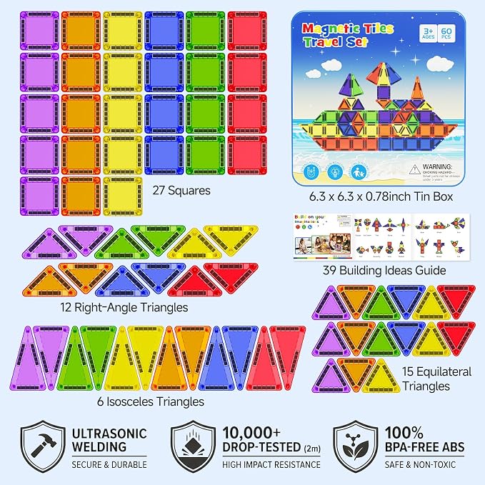 WMXDU 60 PCS Magnetic Tiles Travel Set for Kids, Portable Magnetic Building Blocks with Tin Box, Car Rides Airplane Road Trip Activities, Birthday Gift for Boys