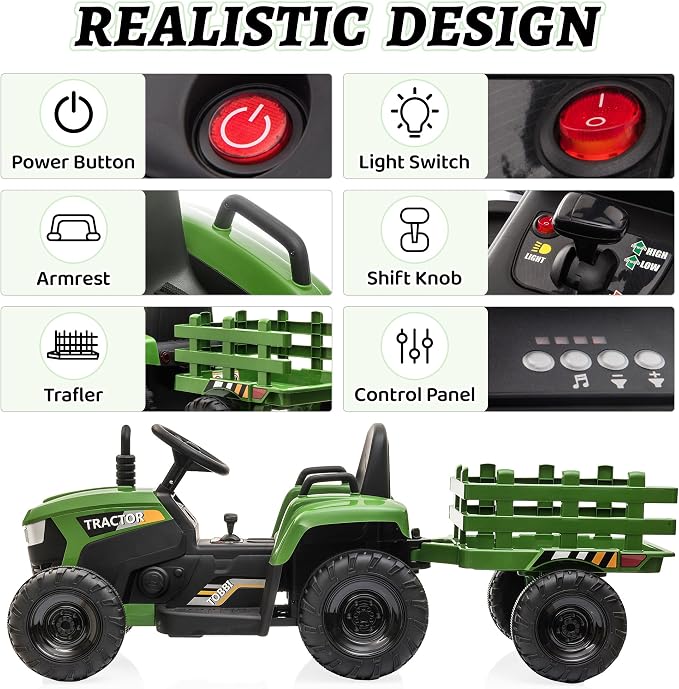 TOBBI Kids Electric Ride On Toy Tractor, Toddlers 12V Battery-Powered Car to Drive, 35W Dual Motor 6-Wheels Trailer Vehicle with 3-Speeds/LED & Horn Functions for Chirdren Aged 3-8-Dark Green