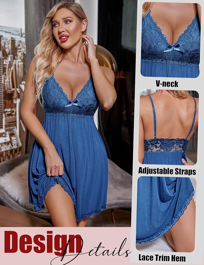 Avidlove Women Nightgown Sexy Sleepwear Lace Chemise V-neck Modal Babydoll Lounge Dress