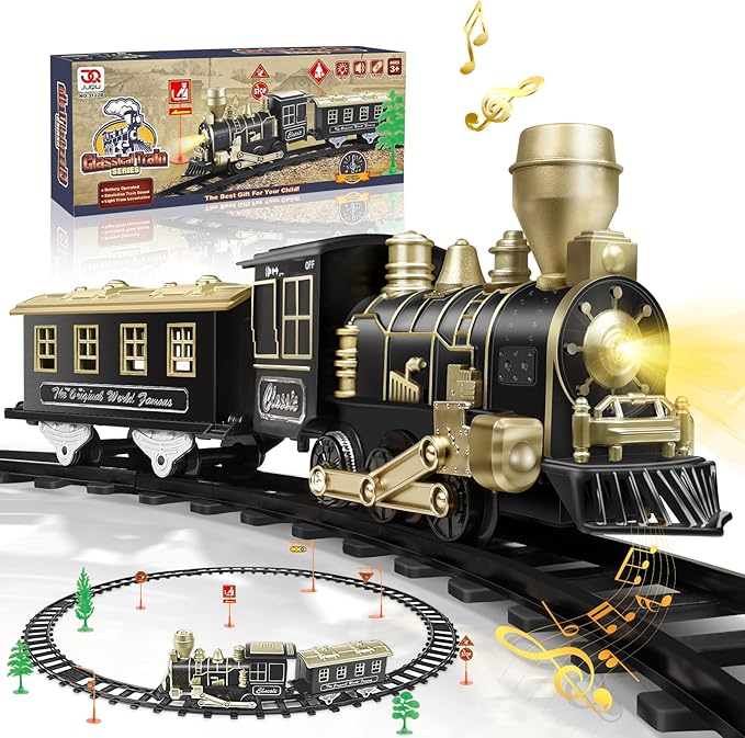Electric Train Set, Ages 4-8 – Christmas Train with Locomotive, Passenger Car, 6 Curves, LED Light & Sound – Indoor Toy for Kids, for Holiday Village or Train Table