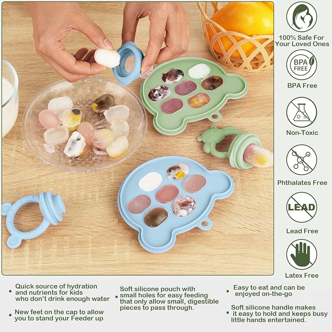 Baby Breastmilk Popsicle Molds & Fruit Feeder (2 Pack), Baby Food Freezer Tray Storage Containers, Silicone Teething Pacifier Feeder and Teether for Babies - Sky Blue