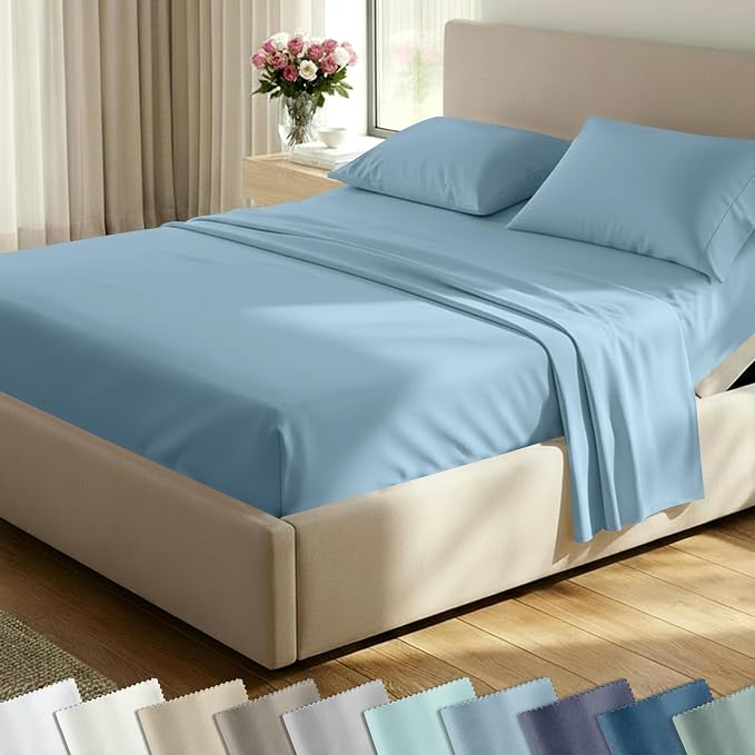 California Design Den Soft 100% Cotton Bed Sheets Split King Set, 400 Thread Count Good Housekeeping Award Winner, Silky Smooth Sateen, Deep Pockets, Durable Split King Bed Sheet Set - Sky Blue