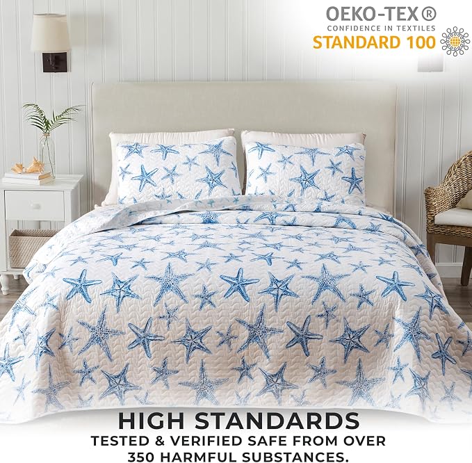 Great Bay Home Coastal Quilt Set - 2-Piece Twin/Twin XL Size Nautical Bedding Set - Lightweight, All-Season, Reversible Starfish Bedspread (Blue)