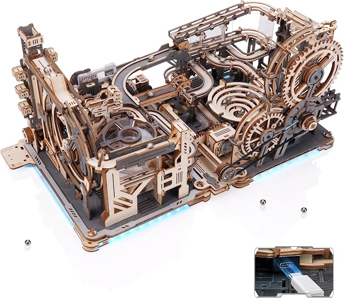ROBOTIME 3D Puzzle - Combination Set Marble Tracks - Motorized Marble Spaceport LGC01+Marble Night City LGA01+Link Pack LG01 - Engineering Gift Choice