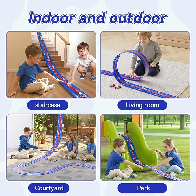 3-Lane Flexible Race Track for Kids, 16.4 Ft Flex Race Car Ramp Track with 3 Cars & Suction Cups - Compatible with Diecast 1/64th Cars, Portable Car Tracks Toys for Kids Boys Girls Ages 3-8+