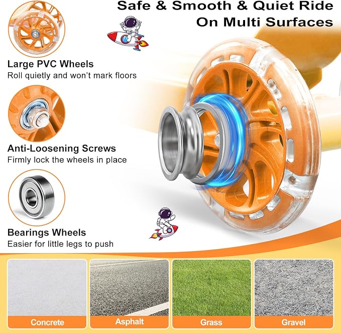 Kids Scooter - LED Light Up 3 Wheel Scooter for Kids 3-5, Adjustable Handlebar Height, Long Anti-Slip Deck,Heavy Duty Metal Scooters for Boys Girls Ages 3-5 5-7, up to 110 Lbs