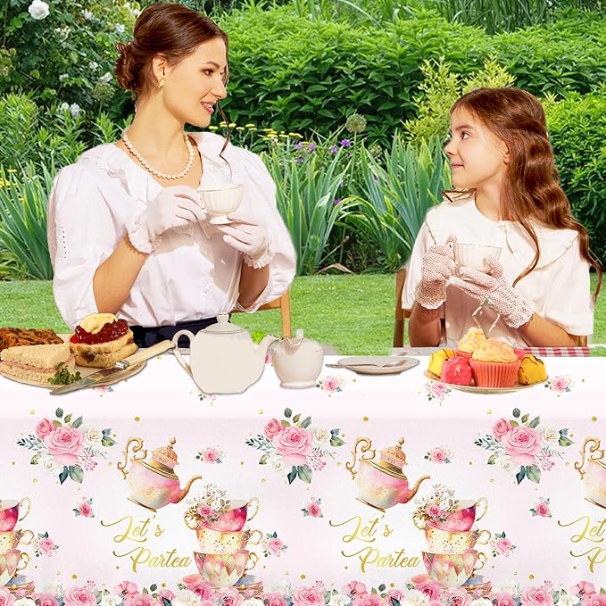 Pink Floral Tea Party Tablecloth, Girls Tea Party Birthday Supplies 3pcs Let's Partea Spring Disposable Table Cover for Baby Shower, Floral Birthday Decorations