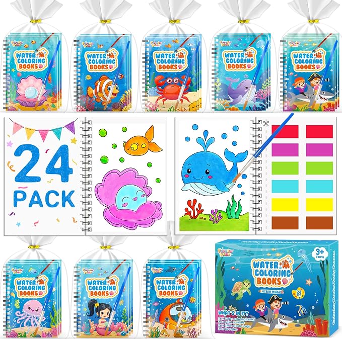 FEREDO KIDS 24 Pack Coloring Books Party Favors - Bulk Mini Water Coloring Books for Kids, No Mess, Screen Free Activities, Birthday Goodie Bags Stuffers Easy for Toddlers Classroom Prizes (Ocean)