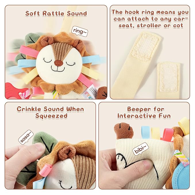 TYRY.HU Car Seat & Stroller Activity Toy,Soft Plush Cot Hanging Toy, Baby Rattle Toy with Strap,Developmental Sensory Toy-Textured Ribbons&Teether&Mirror&Crinkle Sounds for Infants 0 3 6 12 Months