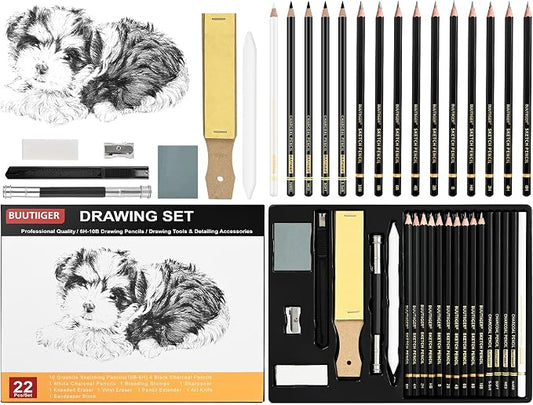Drawing Sketch Pencil Set of 22 - Graphite Pencils (6H-10B), Black & White Charcoal Pencils, Art Pencil Kit for Sketching, Shading & Blending - Ideal for Artists, Adults, Teens, Beginners