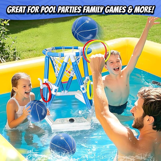 2-in-1 Pool Basketball Hoop & Ring Games, Summer Water Outdoor Party Pool Toys for Kids Ages 4-8, 8-12, Summer Outdoor Water Toys Pool Games for Adults and Family Birthday Pool Basketball Games Toys
