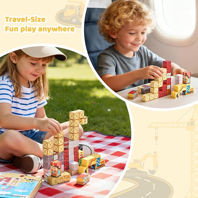 49PCS Magnetic Blocks with Iron Storage Box, Magnetic Cubes Tiles, STEM Educational Stacking Magnets Travel Toys for Kid Ages 3 4 5 6 7 8 9 10 11 Birthday Party Supplies Gifts for Boys Girls