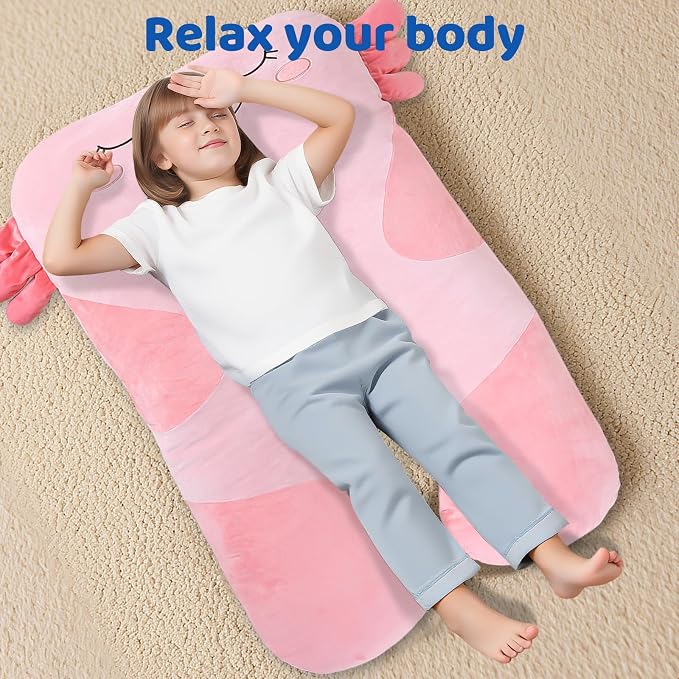 47x23 inch U Shaped Long Plush Body Pillows for Kids, Stuffed Animal Axolotl Soft Large Pillow for Sleeping, Big Cute Plushies, Washable Cover, Gift for Boys and Girls