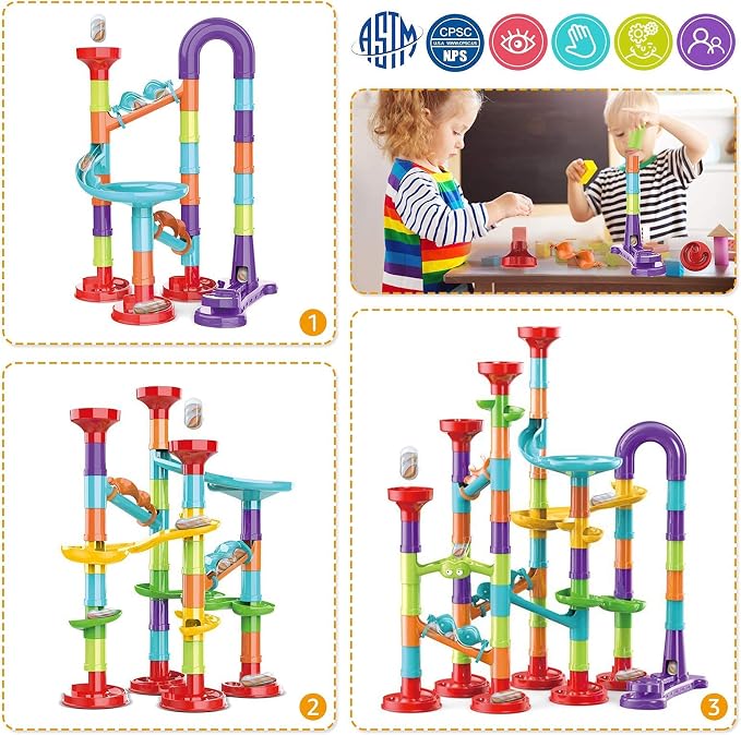 Marble Run Building Blocks STEM Toy Track Race Maze 30 Glass Marbles for Kids Boys Girls 3 4 5 6 7 8 9 10 11 12 Year Old Birthday Present Preshool Gift