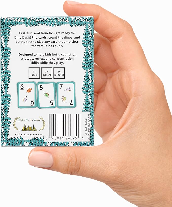 Niche Nation Games Dino Dash Dinosaur Card Game for Ages 4-6 - Quick-Counting Dino-Slapping Game Fast, Fun, and Frenetic - Smart Card Game for Kids 4-6 & 2-4 Players - Dinosaur Gifts