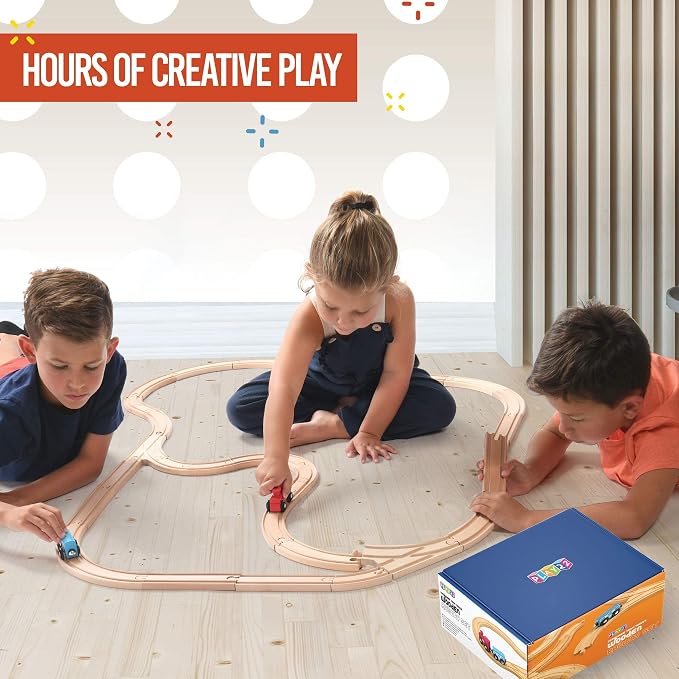 Wooden Train Tracks - 52 PCS Wooden Train Set + 2 Bonus Toy Trains - Train Sets For Kids - Car Train Toys Is Compatible With Thomas Wooden Railway Systems and All Major Brands - Original - By Play22
