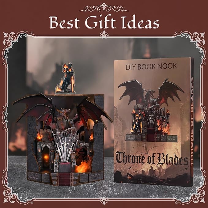 DIY Book Nook Kit Miniature House Dollhouse Kit, Book Nook Kits for Beginners, 3D Wooden Puzzle Booknook Bookend Bookshelf Decor Model Build with Dust Cover (Throne of Blades)