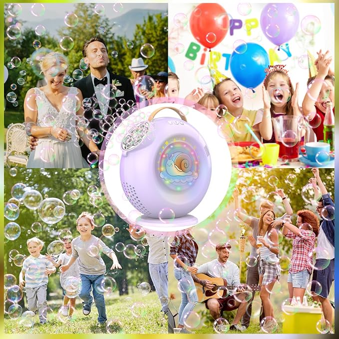 Rechargeable Bubble Machine - 15000+ Bubbles/min - 90°/360° Rotatable LED Blower for Kids Parties (Twilight Purple)