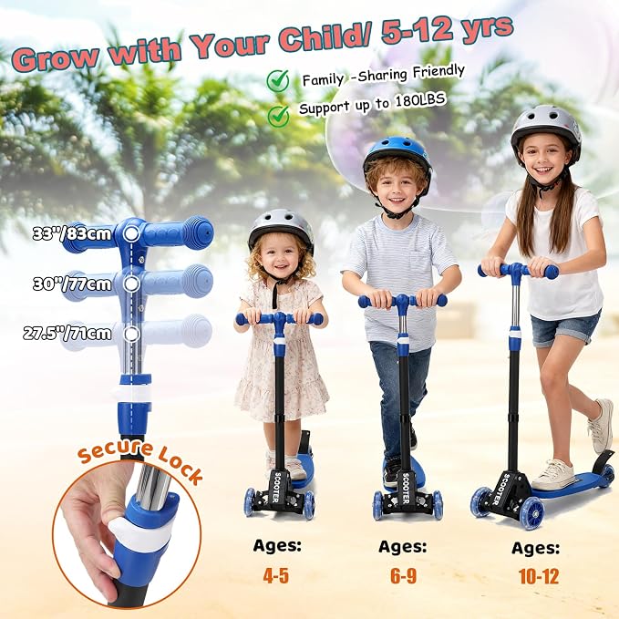 Kick Scooter for Kids Ages 6-12, Stable 3 Wheel Kids Scooter with LED Light-Up Wheels, 3 Adjustable Heights, Lean-to-Steer, Foldable, 6" Extra Wide Deck for Boys and Girls Gifts