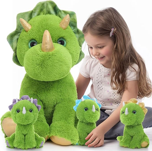 Muiteiur Triceratops Stuffed Animal, Giant Dinosaur Mommy Stuffed Animals with 3 Little Babies, Green Soft Plush Dinosaur Toy Gift for Kids 24.5 inch