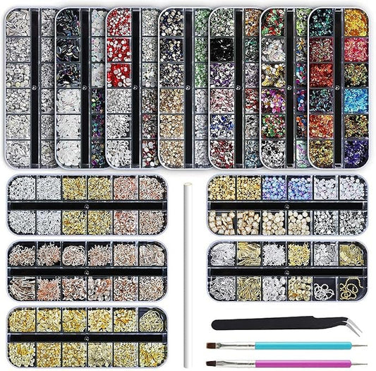 Artdone 12 Boxes Nail Rhinestones Glitter,Nail Gems Nail Diamonds,Nail Art Studs Nail Crystals Nail Sequins for Nails Kit with 1 Tweezers and 3 Pen for Nail Art Supplies Accessories