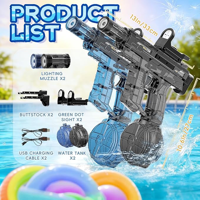Electric Water Gun for Kids Adult 2 Pack, Automatic Squirt Pistol Guns with Large Capacity & 26-32FT Range, Rechargeable Watergun Toys for Pool, Beach, Backyard Summer Water Blaster Games
